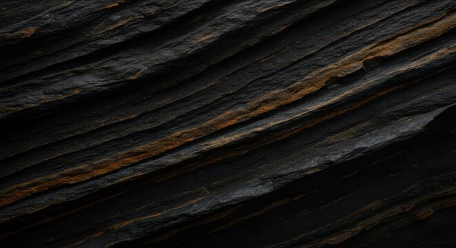 Dark, stratified sedimentary rock rich in kerogen and crude hydrocarbons, representing a major potential energy source for industrial use ,oil rock ,dark ,sedimentary
