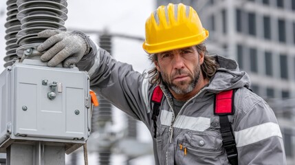 Male electrical technician in safety gear, inspecting equipment at a power station, showcasing expertise in electrical maintenance and safety protocols in an industrial environment