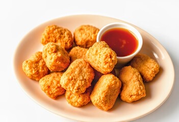 Several nugget pieces, coated in a delicious golden-brown breading, are neatly arranged on a light oval plate. A cup of sweet and sour sauce sits on the plate.
