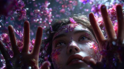 A woman with purple flowers painted on her face is reaching out to the sky. The image has a dreamy, ethereal quality to it, as if the woman is trying to reach for something beyond her grasp