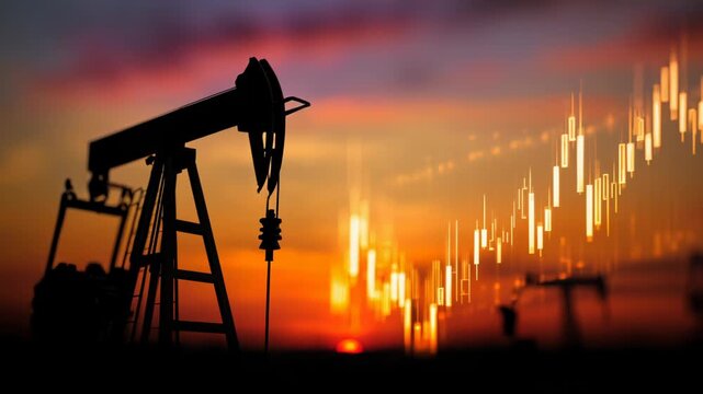 Oil drilling operations continue at sunset with trading charts in background