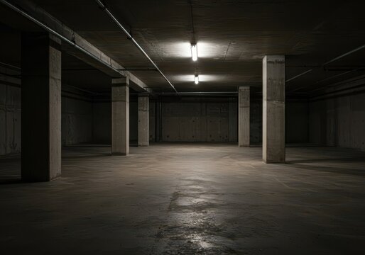 Movement across a rough concrete basement floor. Focus on the low angle and dim lighting of the storage area underground, storage, perspective, cement
