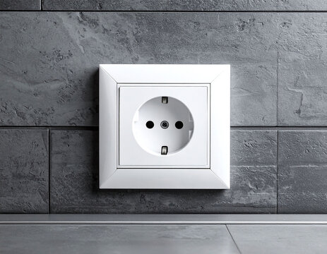 Modern white electrical outlet installed on a textured dark grey slate wall. A minimalist symbol of energy, power, and home connectivity for contemporary interior design and renovation projects.