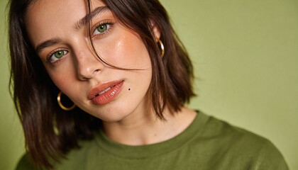 Beautiful young woman with green eyes and short brown hair