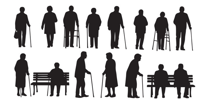 Silhouettes of elderly men with cane.Set of vector silhouettes isolated on white background.elderly senior old age people walking set collection pack bundle