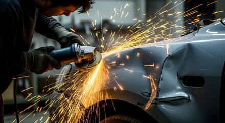 Man repairs car with angle grinder sparks fly metal body damage auto mechanic working grinding vehicle dent bodywork person labor skilled professional