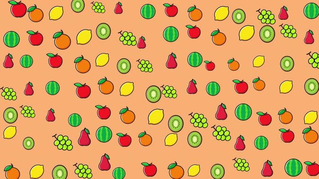 Background pattern of various fruits  apples, oranges, grapes, lemons, and kiwis. Suitable for food or kitchenrelated designs.