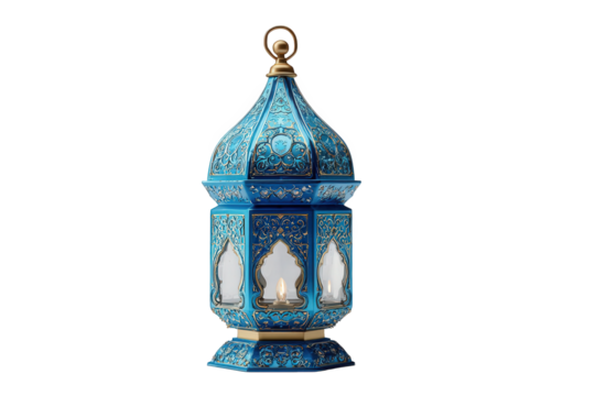 Blue decorative lantern with intricate design isolated on transparent background - Powered by Adobe