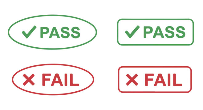A set of green pass and red fail stamps on a white background