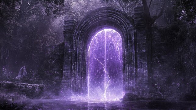 A purple archway with a lightning bolt in the middle. The archway is surrounded by water and trees