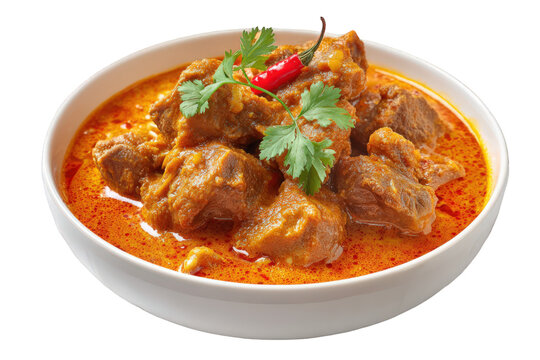Richly flavored beef curry with fresh garnish isolated on transparent background