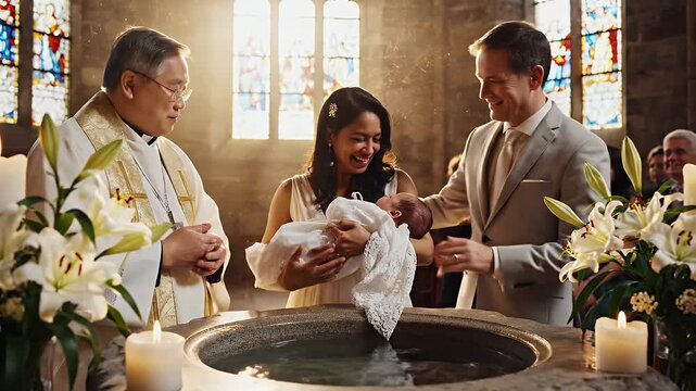 Baby Baptism Ceremony - A diverse family participates in their newborn baby's baptism ceremony. The priest is seen pouring water over the infant as the parents happily look on.