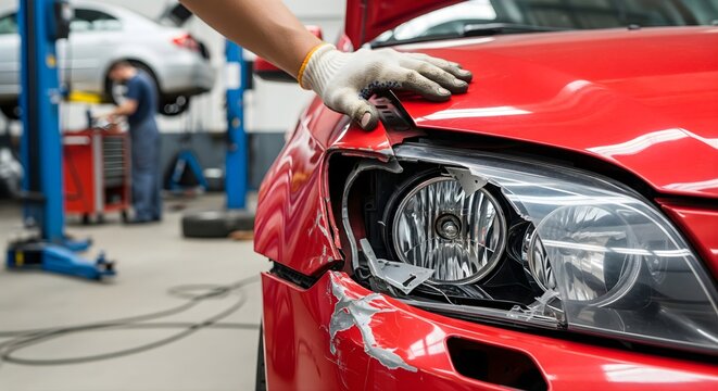 Close Up Of Damaged Red Car Fender And Headlight With Visible Scratches And Broken Parts With Mechanic In Background At Auto Repair Shop In Garage