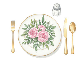 Elegant dinner setting with floral plate isolated on white background