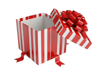 Open gift box with red ribbon isolated on white background