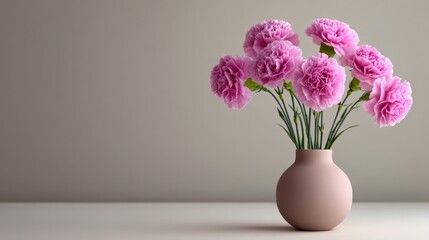 Pink carnations in elegant vase on minimalist tabletop