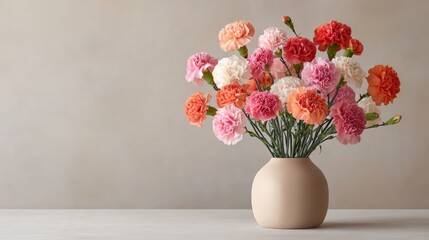 Naklejka premium Vibrant pink and orange carnations in a vase against a neutral background