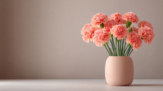 Soft pink carnations in contemporary vase on minimalist wood surface