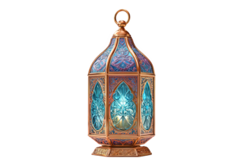Ornate blue glass lantern with gold accents isolated on transparent background