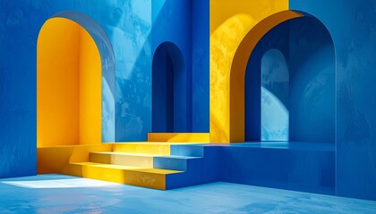 &ldquo;Abstract architectural interior curved steps blue to yellow gradient arched doorways bold color contrast surreal design&rdquo;