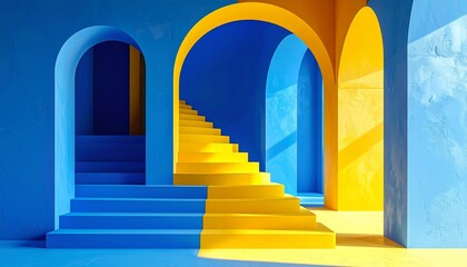 &ldquo;Abstract architectural interior curved steps blue to yellow gradient arched doorways bold color contrast surreal design&rdquo;