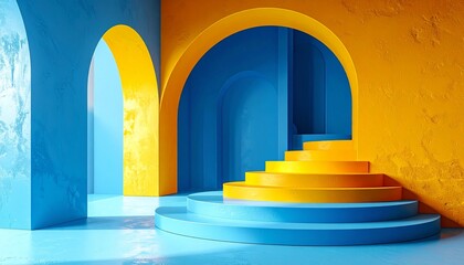 &ldquo;Abstract architectural interior curved steps blue to yellow gradient arched doorways bold color contrast surreal design&rdquo;