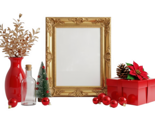 Festive decorations with golden frame isolated on white background