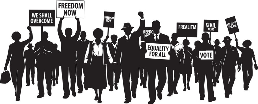 Silhouette of a group of protesters marching with signs for freedom and equality, representing civil rights activism and social justice.