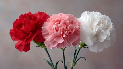 Obraz premium Vibrant red, pink, and white carnations against subtle background