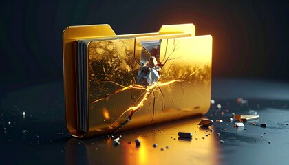 &ldquo;Broken yellow file folder cracked vertically documents inside symbolizing data loss corruption system failure&rdquo;