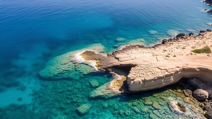 Aerial view of rugged coastline with crystal clear turquoise water and rocky shoreline