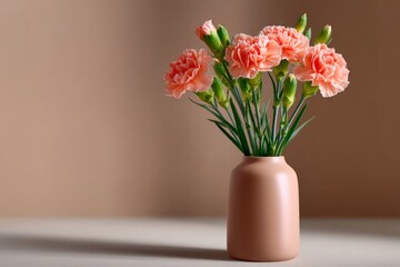 Fototapeta premium Pink carnations in peach vase on soft beige background