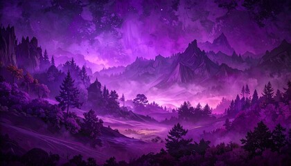 &ldquo;Surreal purple fantasy landscape dense forest misty valley jagged mountains swirling celestial sky ethereal atmosphere&rdquo;