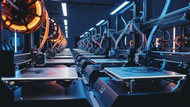 Array of 3d Printers Printing Production Parts in Production Facility