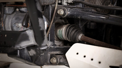 Old car suspensions. Close up car suspension wear and tear parts. CV joint Rubber boot and Control arms bushing Steering rack axles Shock absorber Brake exhaust. Gas Diesel car service repair parts.