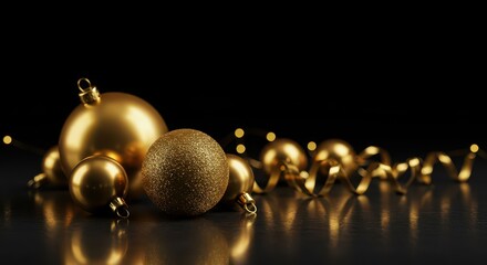 Luxurious golden Christmas ornaments reflecting on a highly polished surface, creating a sparkling and festive holiday arrangement ,arrangement ,ornaments ,celebration