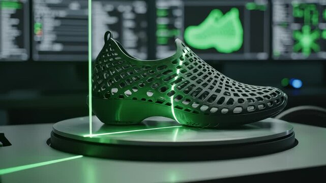 Scanning New Footwear With Laser Scanner on Turntable Platform