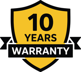 A yellow shield with a 10 year warranty guarantee symbol