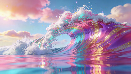 Vibrant ocean wave with colorful iridescent foam and sunset