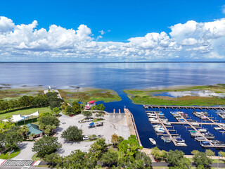 Aerial view overlooking Lakefront Park and marina located on East Lake Toho in the city of St Cloud in Osceola County, Florida.