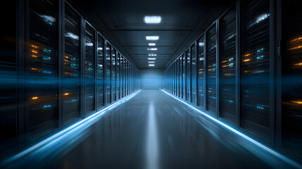 Rows of server racks fill a data center as blue light effects convey speed and technology. The environment shows high tech storage and processing of information.