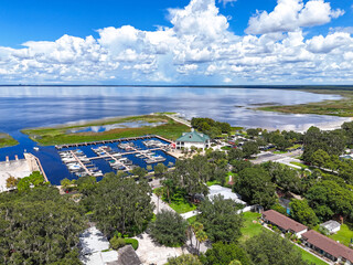 Aerial view overlooking Lakefront Park and marina located on East Lake Toho in the city of St Cloud in Osceola County, Florida.