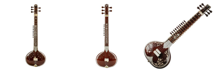 Set of Sitars with Polished Dark Wood Bodies and Intricate Carvings in Vertical and Diagonal Views Isolated on White Background Oil Paint PNG