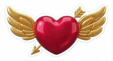 Heart wing arrow love red gold valentine romance symbol glossy shiny heart with golden wing and arrow, red romantic symbol of love and affection white background, glossy valentine concept