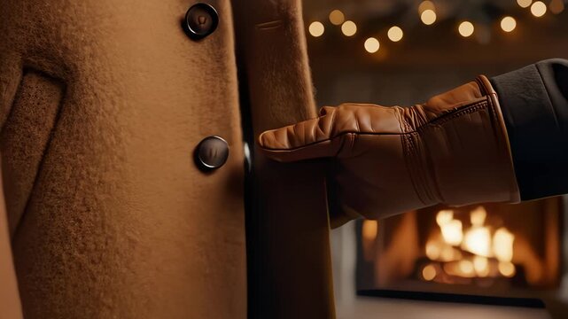 Person Buttons Up Tan Overcoat Near Fireplace for Winter Warmth