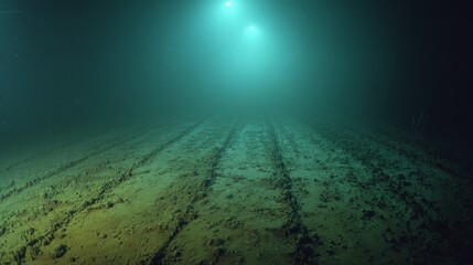 A dark, murky ocean floor with a few small lights in the distance. Scene is eerie and mysterious