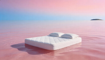 Serene mattress floating on tranquil pink lake at sunset