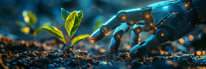 Robotic hand nurturing a young plant in a fresh soil environment during a serene twilight moment.