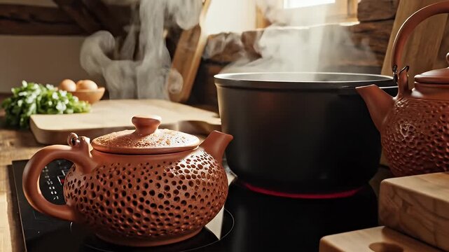 Rustic Kitchen with Steaming Pot - The video showcases a rustic kitchen setting with a focus on a steaming pot atop an induction stove.