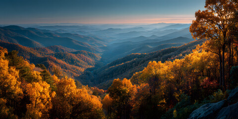 Yellow-leaved trees set against a blue forest background, fall foliage